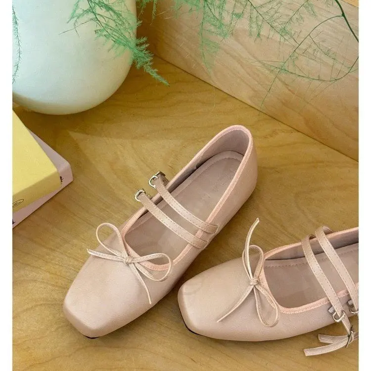 Women's square toe Shoes New Luxury Bow flats Ladies ballet silver belt buckle footwear Elegant fashion Mary Jane shoes Zapatos view 2