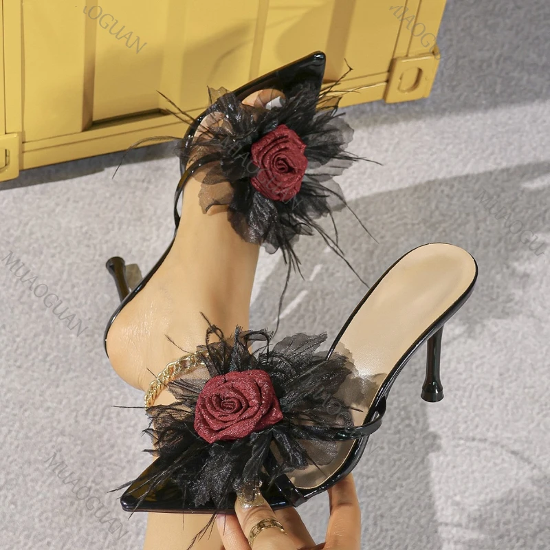 

Summer New Sexy Rose Flowers Woman Slippers Temperament Fashion High Heels Stiletto Peep Toe Ladies Slides Shoes Heeled Sandals