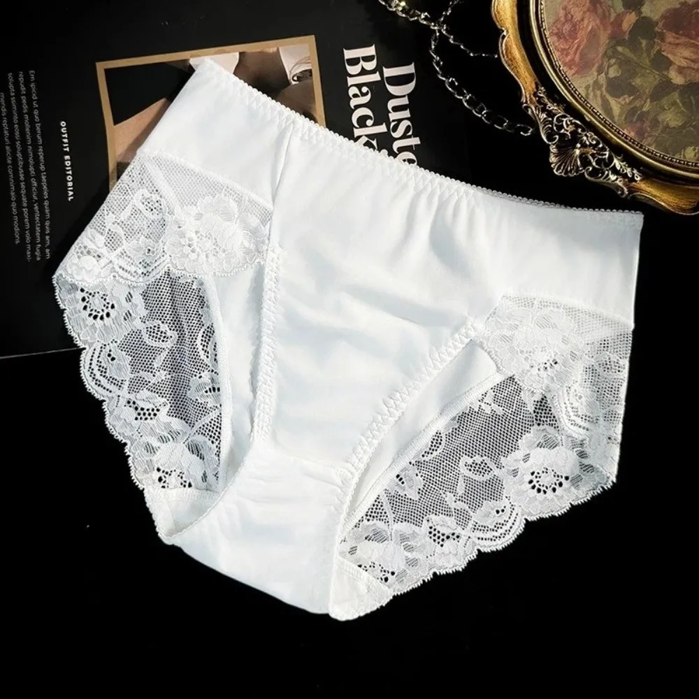 Fashion Mid Waist Lace Panties Plus Size Mesh Milk Silk Briefs Floral Cotton Crotch Women Underwear Female
