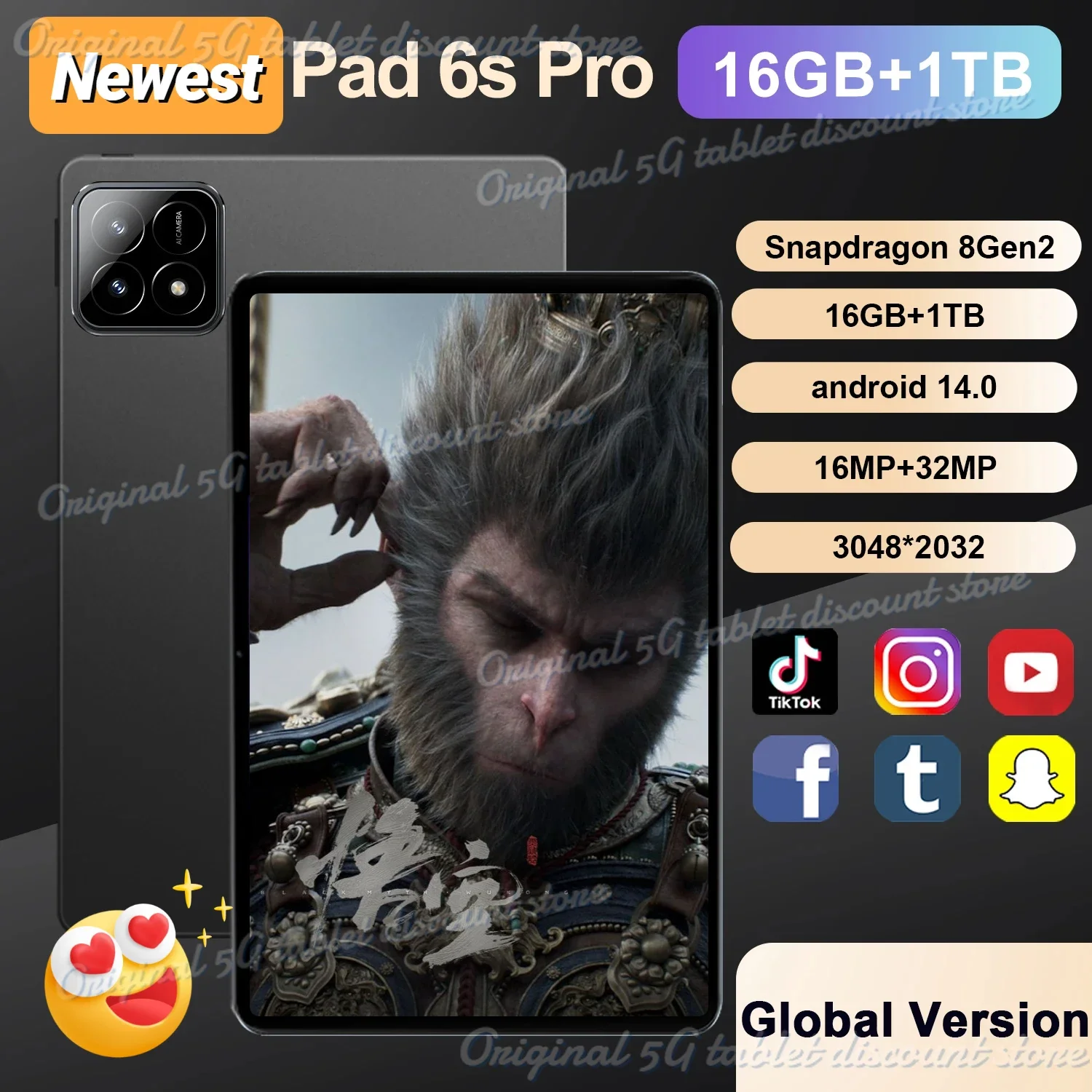 

2024 Newest Pad 6S Pro Global Version Tablet Android 14 Snapdragon 8 Gen2 16GB+1TB GPS 5G WiFi Dual SIM HD Original Tablette PC