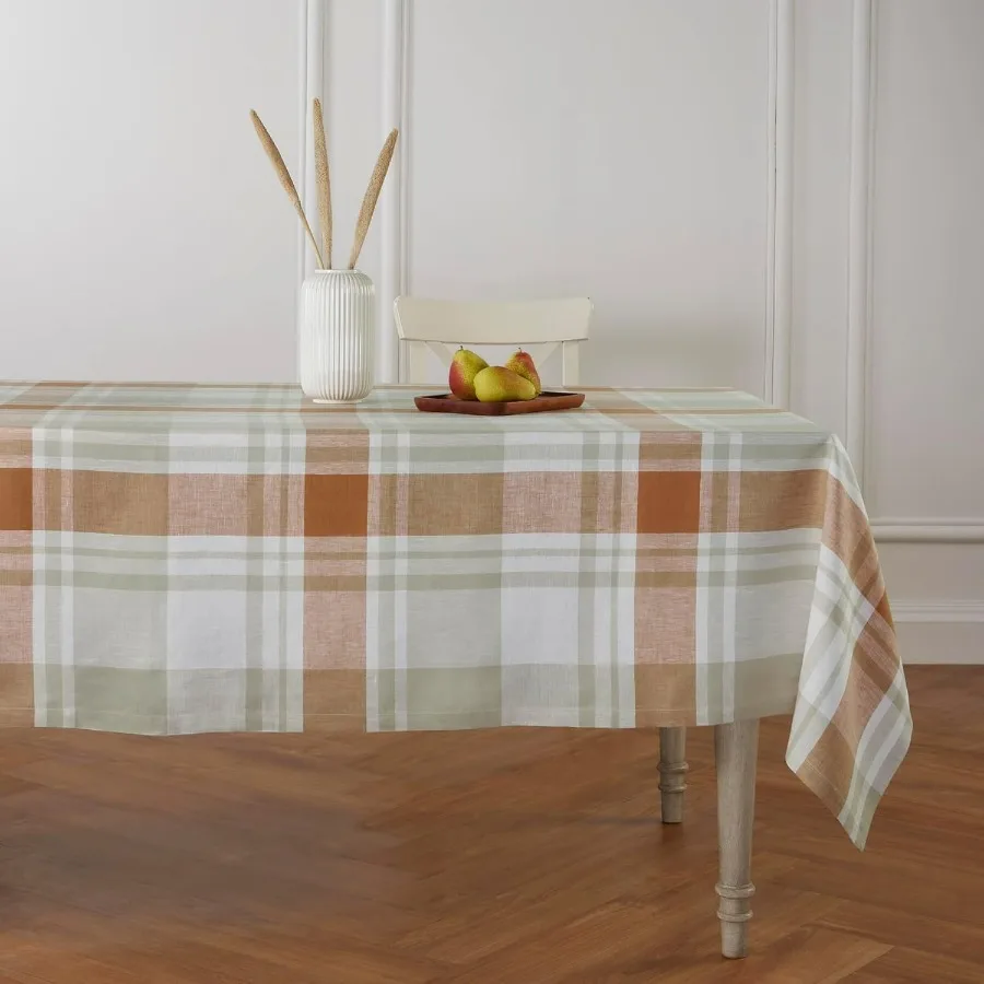 

Linen Plaid Square Tablecloth 50 x 50 Inch - 100% Pure Linen Fall Harvest Table Throw - Machine Washable Table Cloth for Autumn,