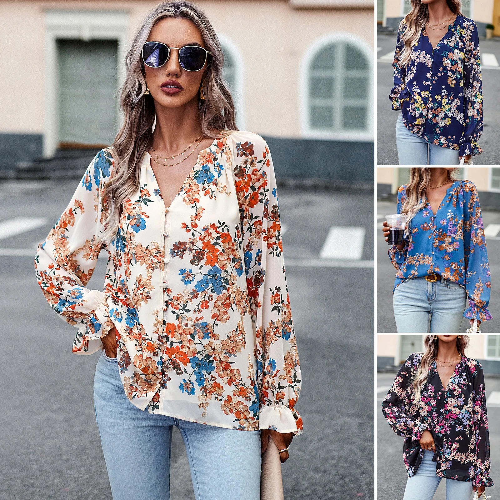 

Long Flare Sleeve V Neck Button Blouse Autumn Elegant Fashion Floral Printed Chiffon Shirt Bohemian Casual Cardigan Pullover Top