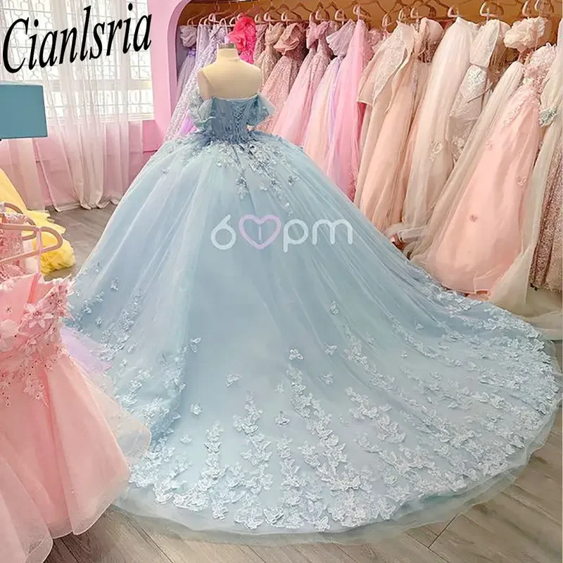 Light blue off the shoulder quinceanera dresses ball gown pearls beading appliques lace corset vestidos de XV anos