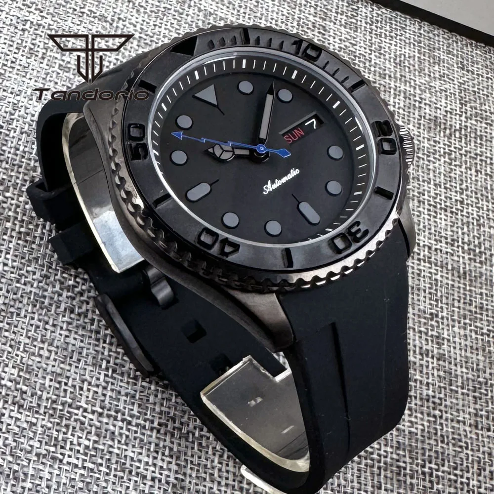 Tandorio NH36 Black Pvd Case 20bar 41mm Men\'s Automatic Diving Watch Date Week 3.8 Screw Crown Sapphire Crystal Ceramic Bezel