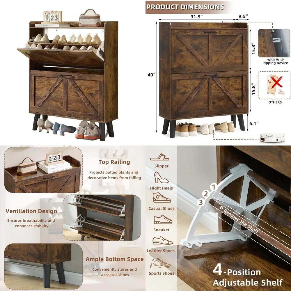 

Narrow 2-Tier Shoe Cabinet Organizer with Legs for Entryway, Hallway, Living Room, Bedroom in Brown