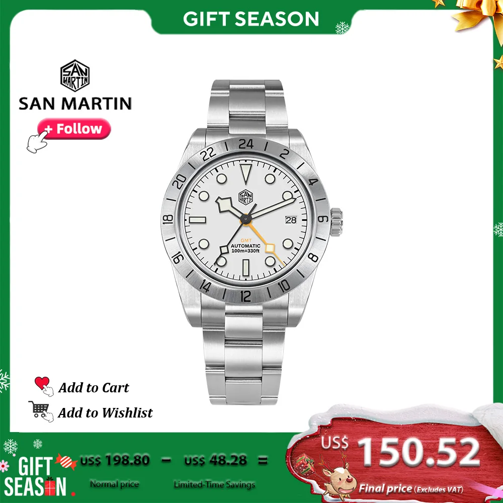 San Martin New 39mm GMT NH34 Mechanical Watches for Men Stainless Steel Sport Watch Sapphire 10Bar Waterproof Luminous SN00054E