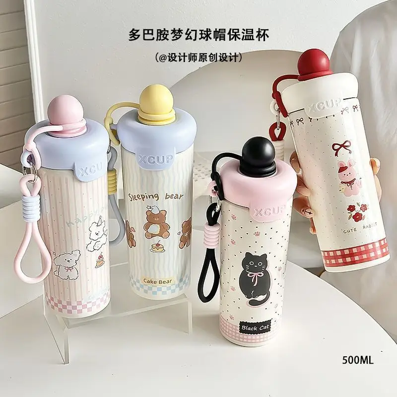 316 Double-Layer Stainless Steel Thermos Cup Portable Rope Straw Cup Cute Animal Float Cartoon Tumbler Children Vacuum