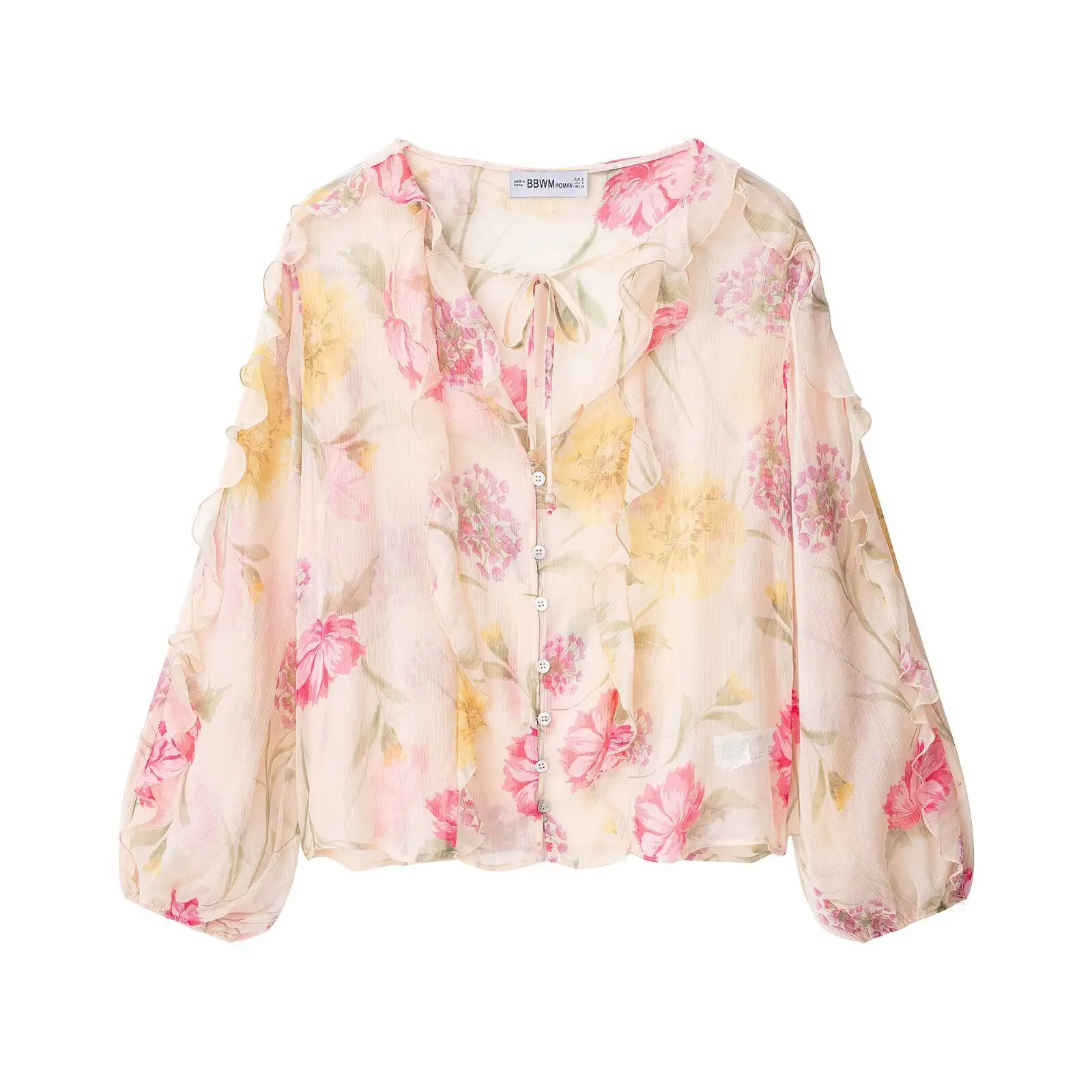 

Ruffles Floral Print Women Shirts V-neck Single Breasted Long Sleeved Loose Blouses 2025 New Stylish Versatile Female Tops