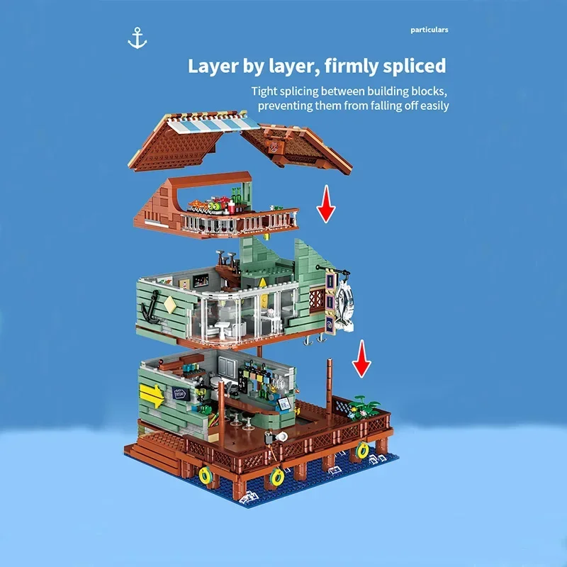 2096PCS Harbor Restaurant Building Blocks Seaside Street View House Construction MOC Bricks Desktop Deco Kids DIY Toys Gifts