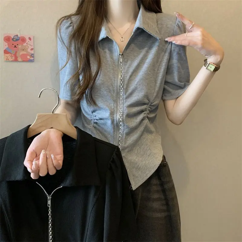 

Korean Short Sleeve Slim T-shirts Summer Polo-Neck Female Clothing Stylish Zipper Chain Casual Solid Color Folds Short Pullovers