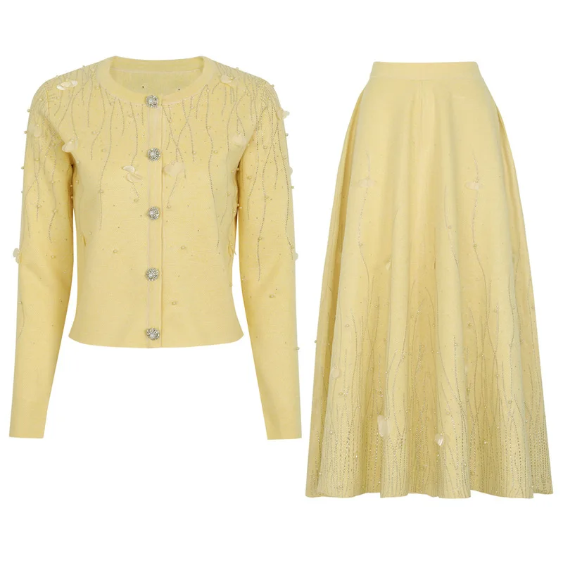 Luxury Beaded Women Knitted 2 Piece Outfit Floral Petal Decor Rhinestone Button Cropped Cardigan High Waist A Line Midi Skirt