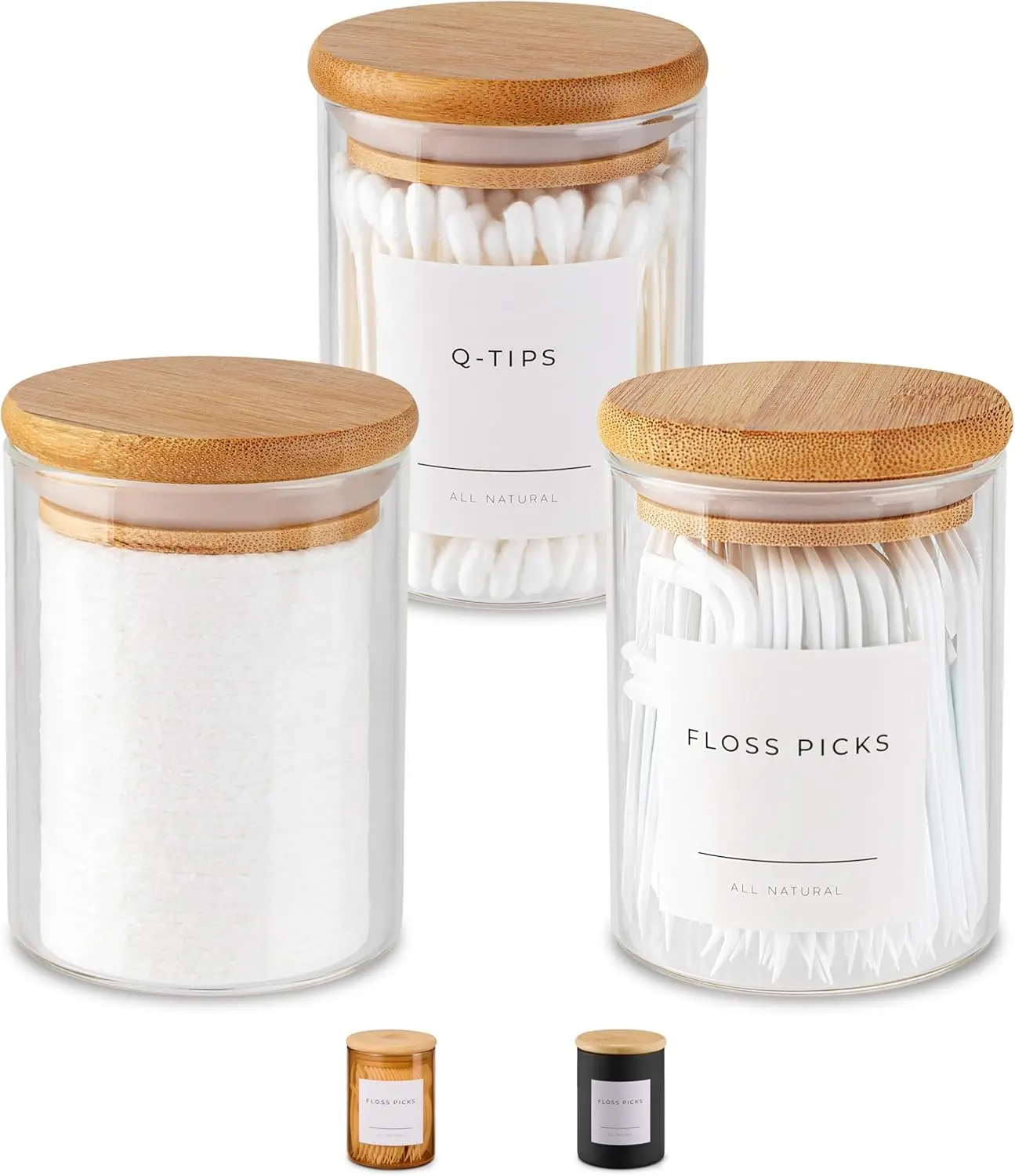 Mini Glass Apothecary Jars with Bamboo Lids, 10 oz Set of 3 for Bathroom and Kitchen Storage