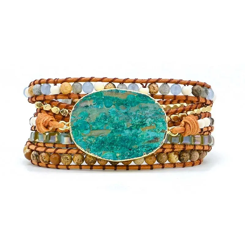 Blue Earth Jasper Stone Bracelet Multi-layer Cowhide Woven Bracelet With Mixed Stone Beads