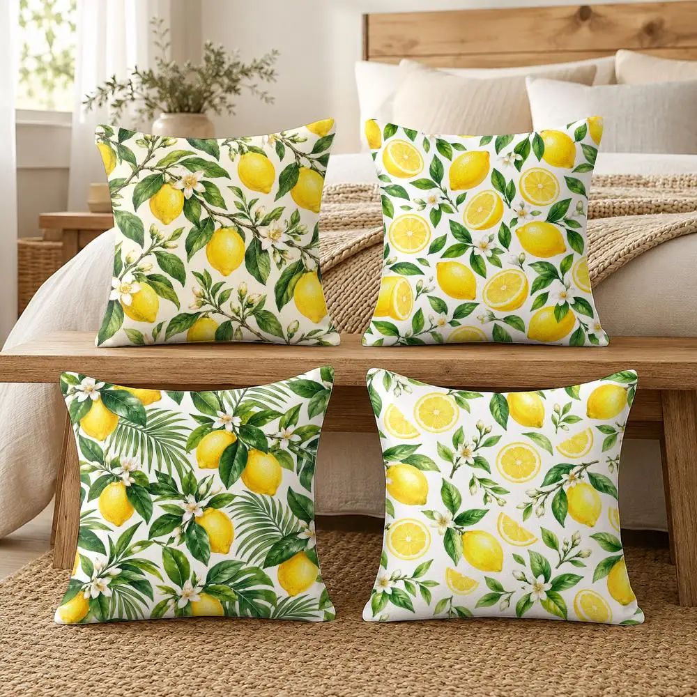 Yellow Lemon On Geometric Pattern Cushion Cover Soft Pillow Cases Hidden Zipper Cutecore Sofa Bedroom Home Decor Gift