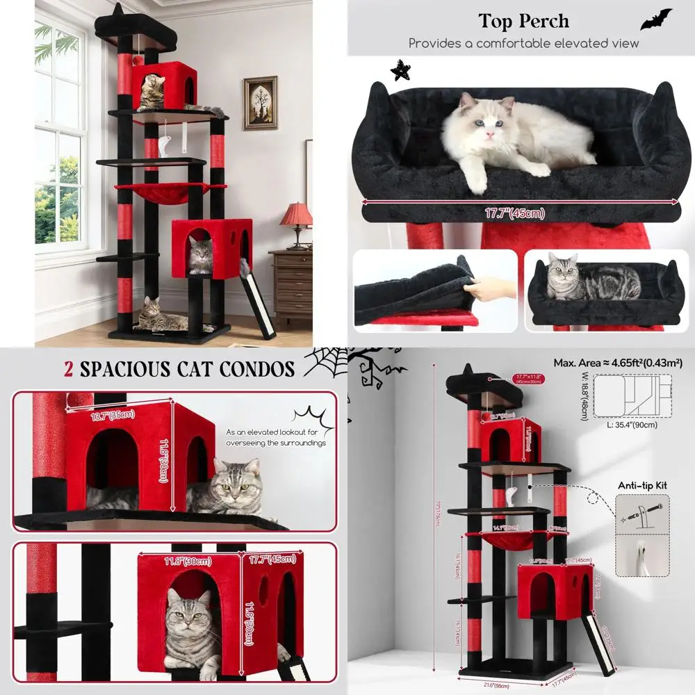 

Прочная 70-высокая кошачья башня в готическом стиле с когтеточкой, гамаком и жердонами для больших кошек, F70 Pro, красный и черный