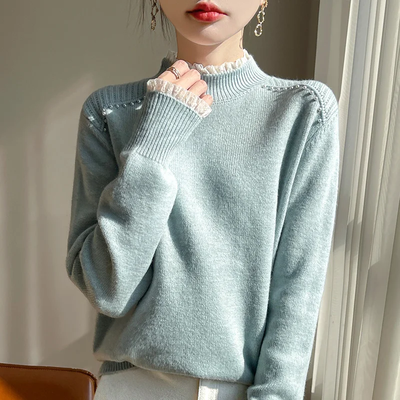 Women semi high neck sweater autumn/winter fine spun wool casual nail bead knitting Tops women's lace splicieng Blouse versatil