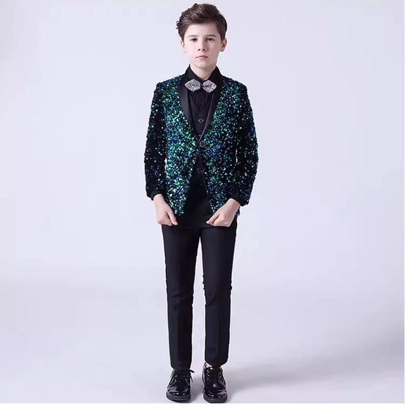 

Boys' Party Sequin Suit Set for Boys 3-16 Years Three Piece Stage Performance Suit Shawl Collar Single Button Kids Suit