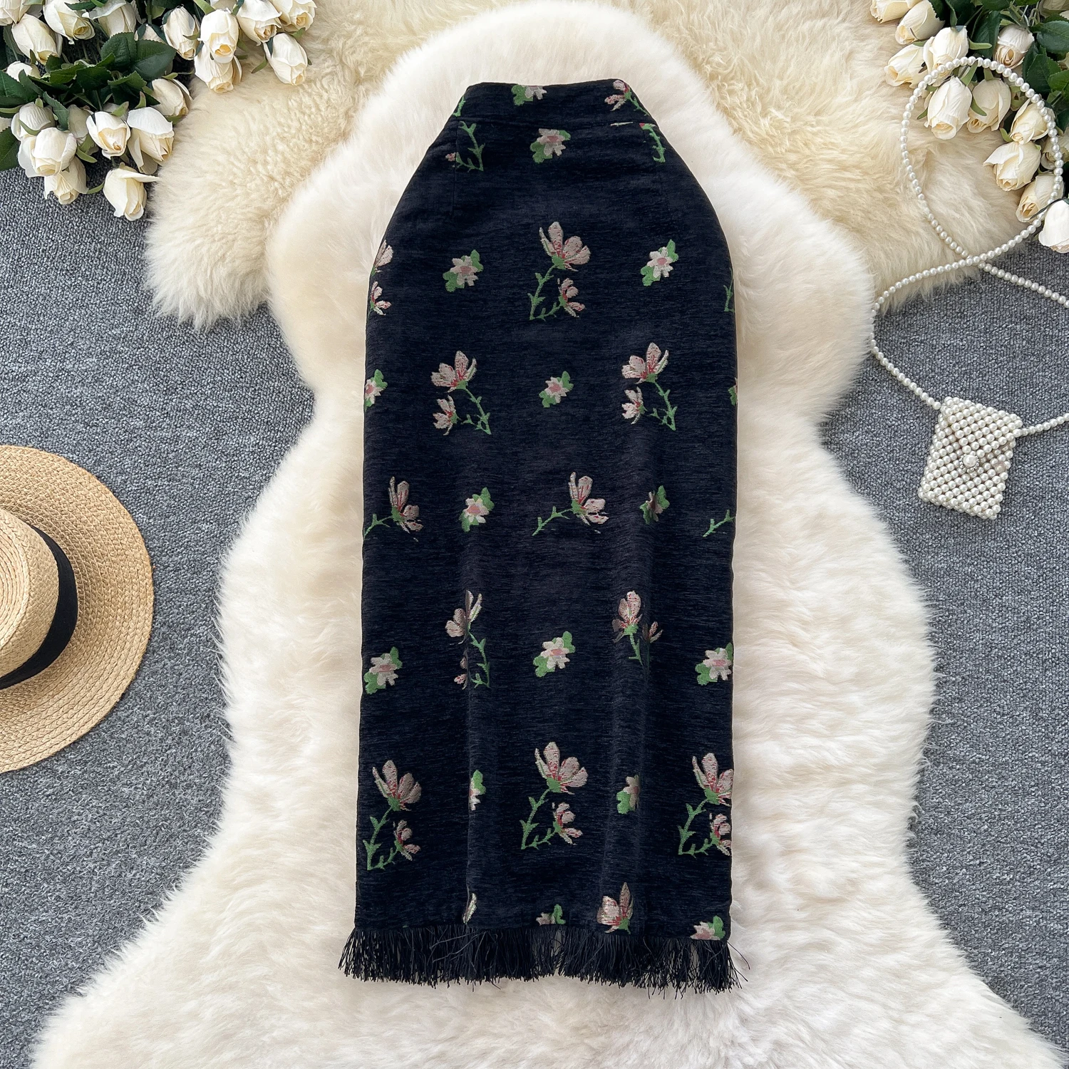 

Women Chic tassel jacquard Skirt High Waist Elegant Fashion Wrap Skirt autumn winter Clothing