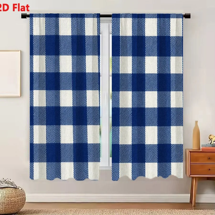 2Pcs Curtains 2D Flat Classic Navy Blue And Off-white Gingham Pattern Woven Cotton Linen Fabric Window Drapes for Bedroom Room D