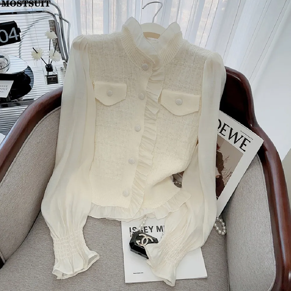 Stylish Elegant Knitted Sweater Shirt Women 2023 New Fashion Chic Fake Two Pieces Cardigan Tops Korean Ladies Jumpers Knitwear