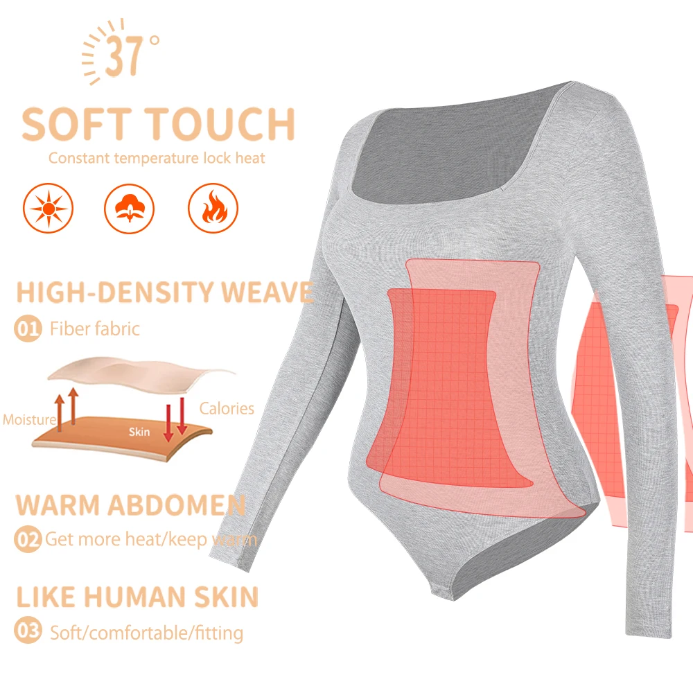 Women\'s Square Neck Bodysuit Long Sleeved Shapewear Tummy Control Body Shaper Lady Streetwear Female Warm Clothing Autumn Winter