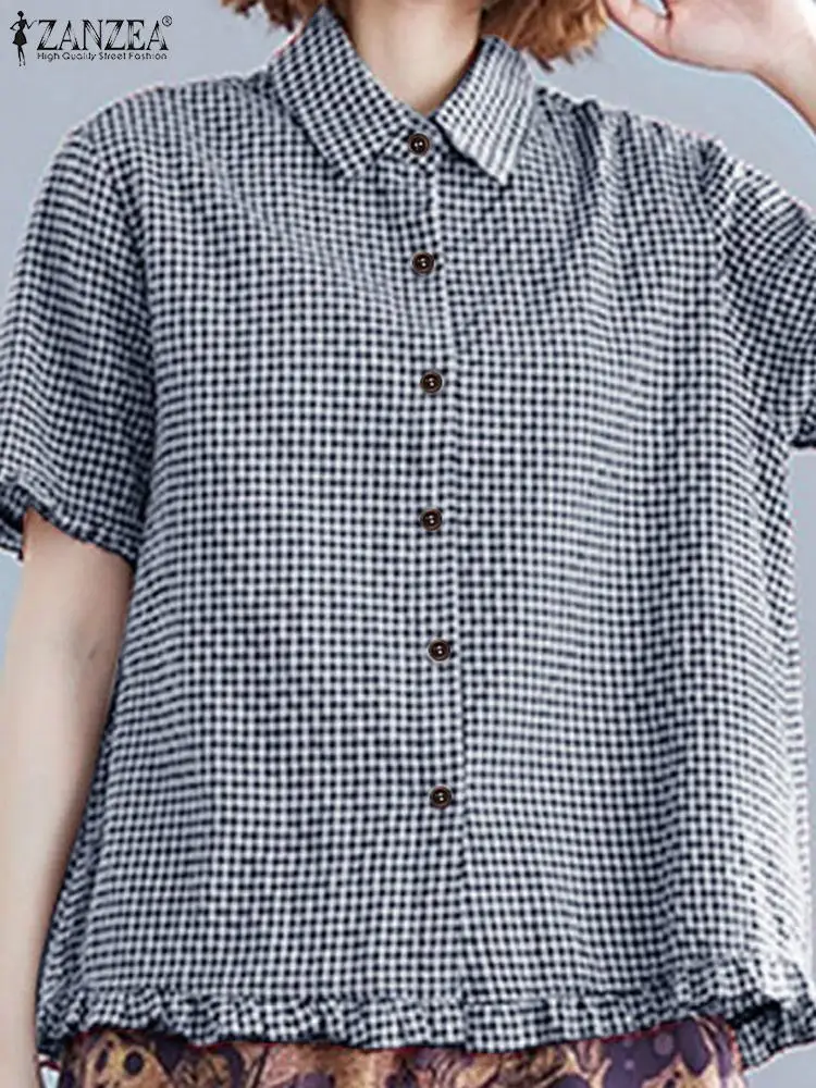 

ZANZEA 2024 Women Vintage Grid Printed Shirts Casual Turn-Down-Collar Short Sleeve Blouse Summer Button Down Oversize Korean Top