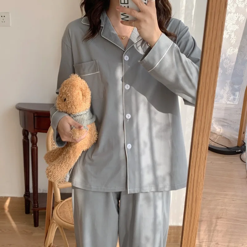 Casual Sleepwear Women Pajama Sets Korean Piiama Autumn Pants Sets for Women 2 Pieces Solid Night Wears Long Sleeve Home Suit