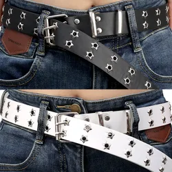 110cm Waist Belt Y2K Punk Rivet Leather Belts Women Men Star PU Black White Waist Strap Double Row Hollow for Jeans Skirt Decor