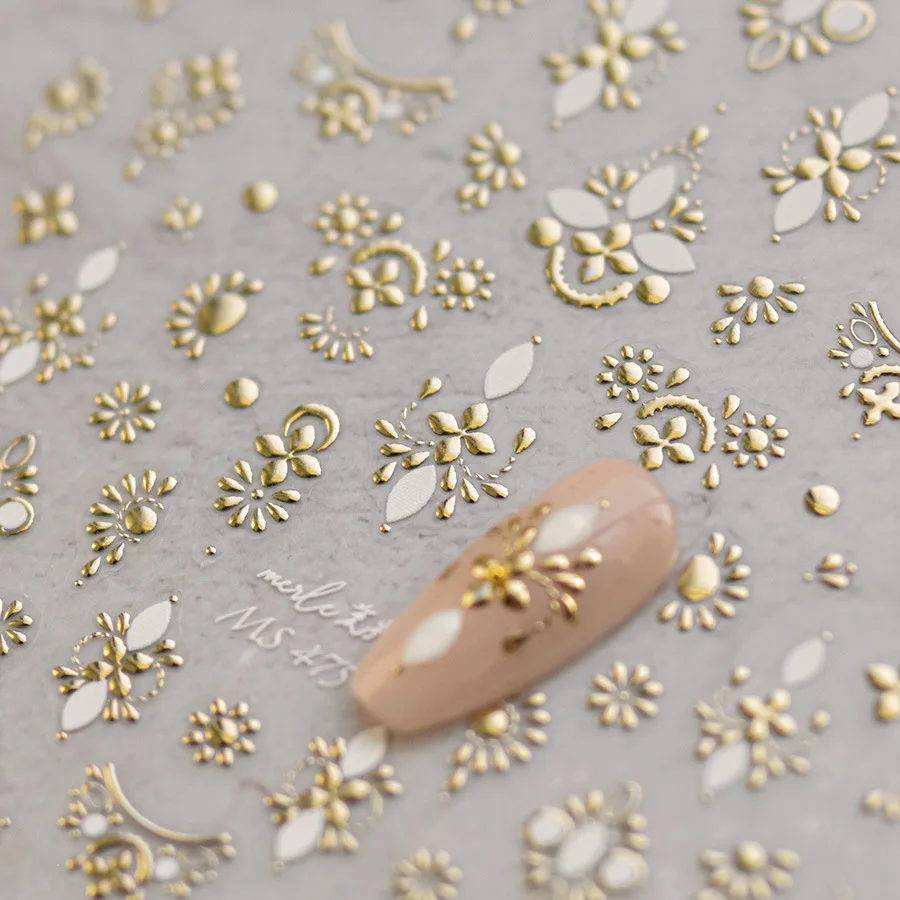 Vintage Gold Floral 5D Embossed Nail Stickers Adhesive Nail Decals Manicure Carved Decor Fashion Sliders High Quality