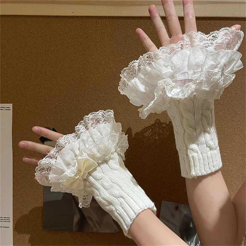 

Lolita Lace Bowknot Gloves Y2K Fingerless Gothic Winter Warm Sunscreen Sleeve False Sleeve Gloves Women JK Clothing Accessories