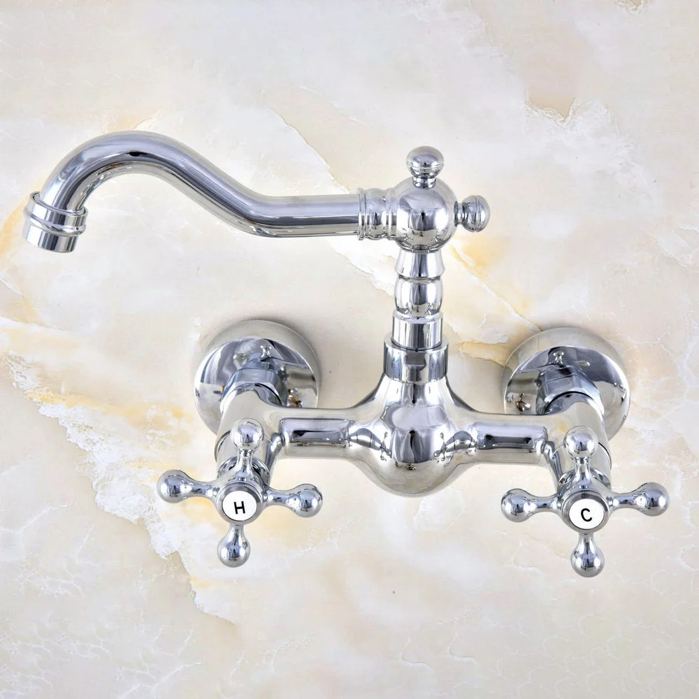 Polished Chrome Dual Cross Handles Wall Mounted Hot & Cold Bathroom Kitchen Basin Sink Swivel Faucet Mixer Tap znf577