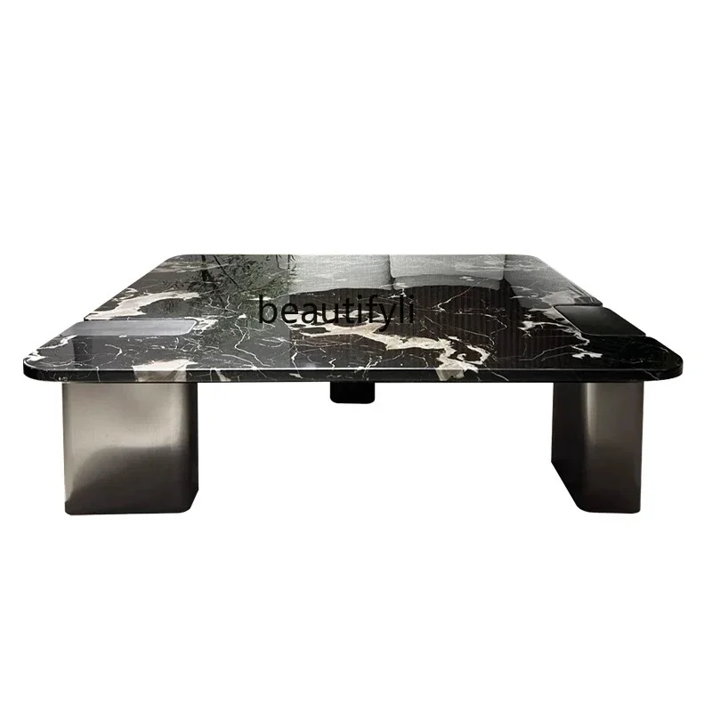 

A Black rose natural marble Italian light luxury living room square suspended creative coffee table