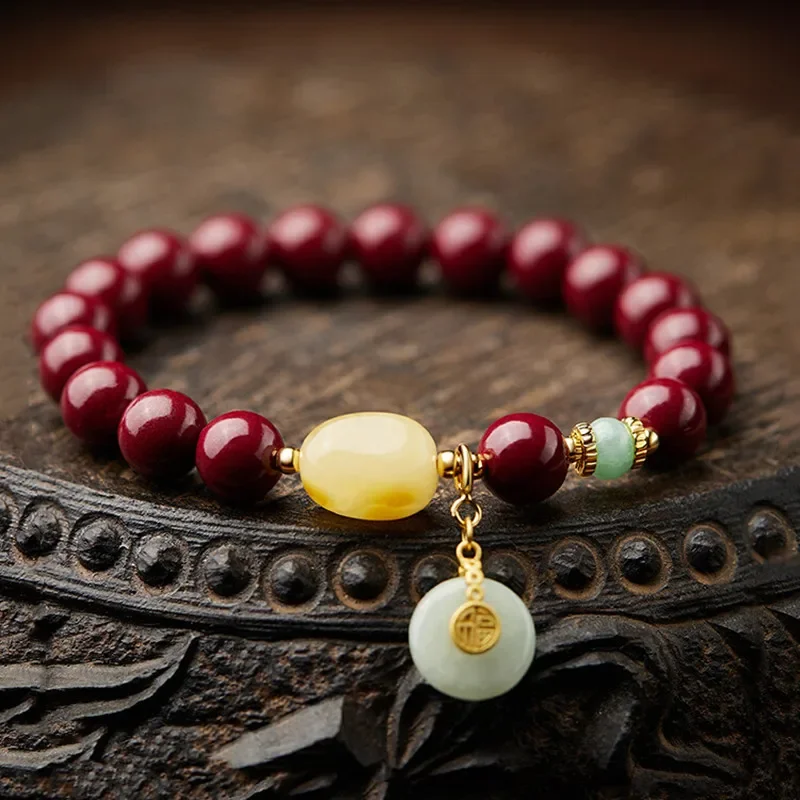 

Cinnabar 8mm hand string female style purple gold sand jade bread button beeswax bracelet women girl Chinese style bangle gifts