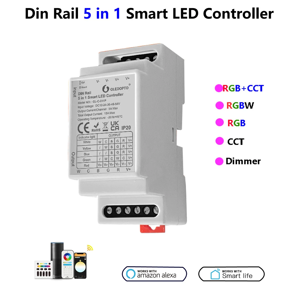 

Gledopto Din Rail 5 in 1 Smart LED Controller DC12-54V for RGBCCT/RGBW/RGB/WWCW CCT/Dimmer LED Strip 2.4G RF Remote/APP Control