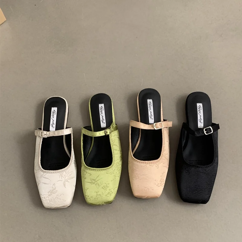 Fashion Brand Close Toe Mule Slippers Women Slides Flats Ballet Outdoor Flip Flops Ladies Shoes Loafer Elegant Silk Sandal Mujer