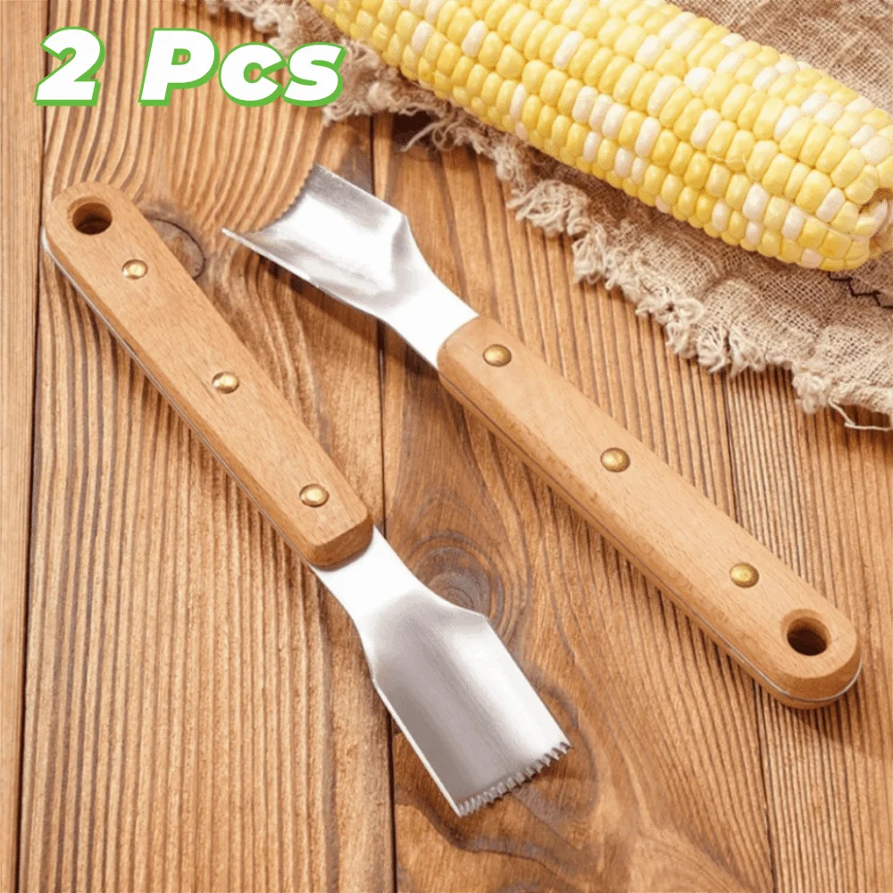 

2 Piece Kitchen Tool Wood Handle Corn Husker Effortless Quick Corn Planer Serrated Curved Head Design Corn Stripping Shovel