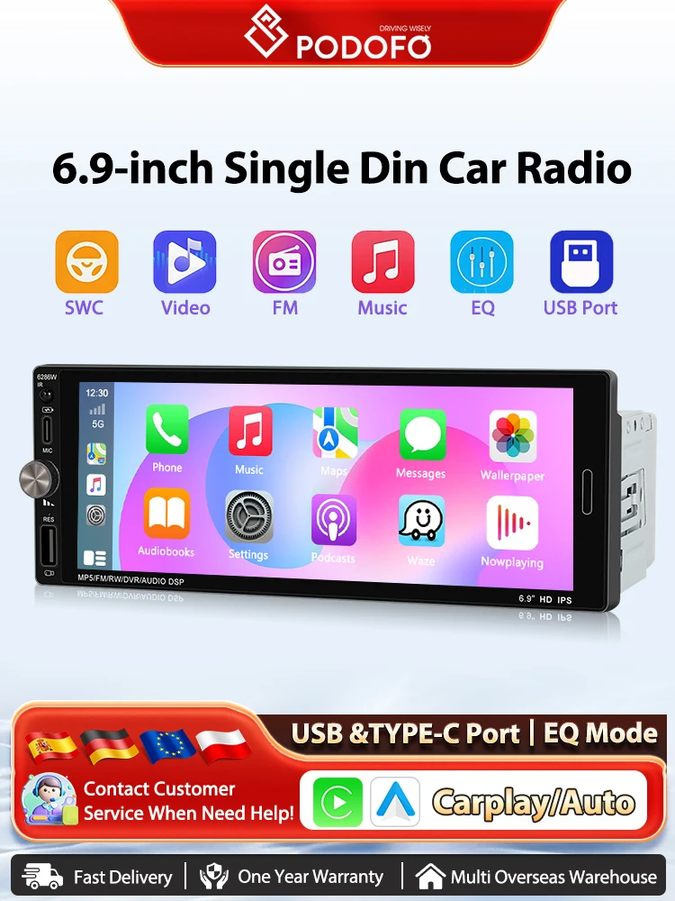 Podofo 6,9 Zoll Autoradio 1 Din Wireless Carplay Android Auto Multimedia Player HD Touchscreen FM Bluetooth MirrorLink Universal