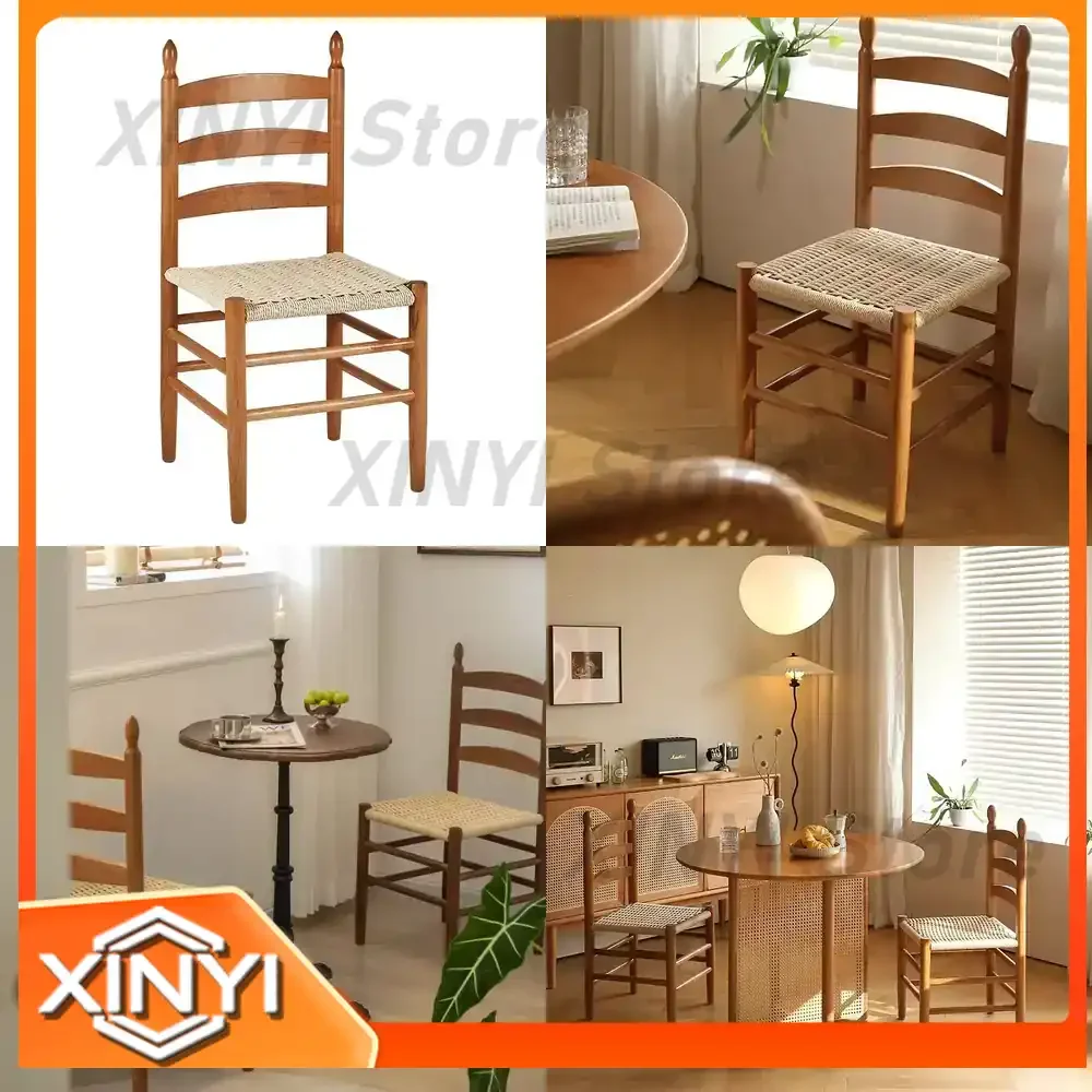 Pre-loved Rope Knitted Solid Wood Dining Chair for Vintage Coffee Shop Home Decor Woven Backrest Casual Cherry Shak Chair