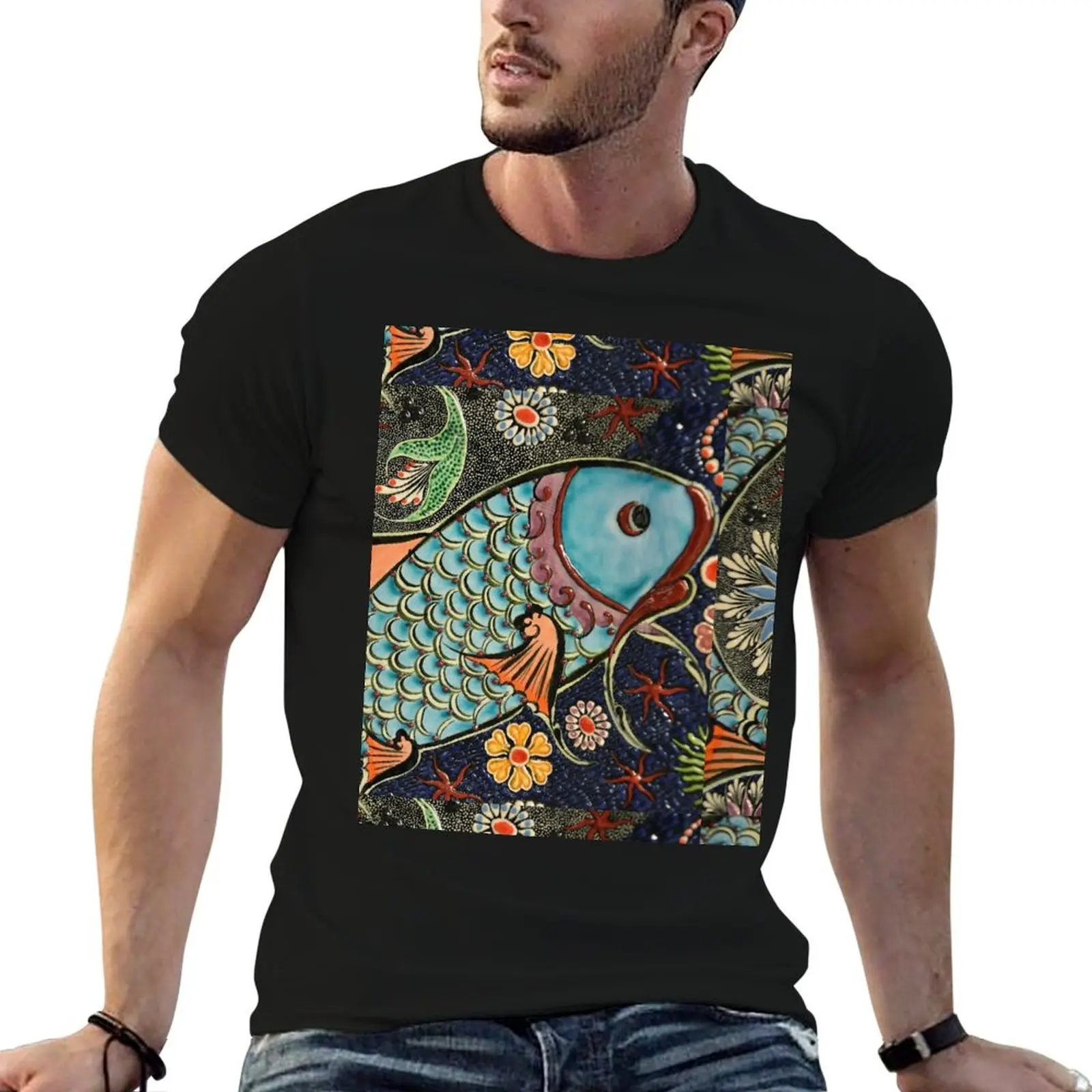 Asian Style Art - Fish T-Shirt Short sleeve tee graphics blue archive slim fit t shirts for men