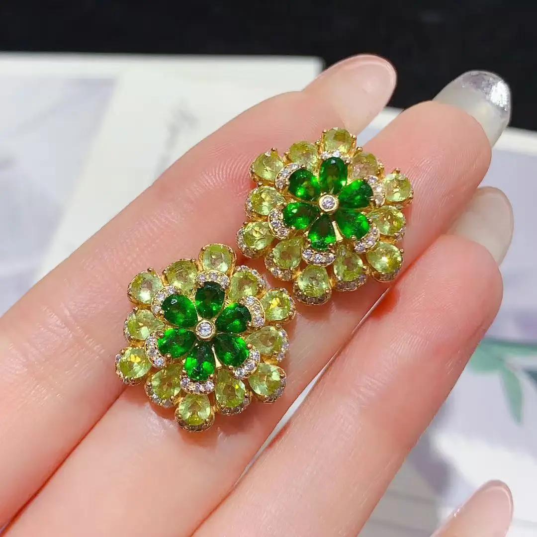 Peridot & Diopside Earrings Floral Forest Style, S925 Sterling Silver Fresh Gemstone Studs