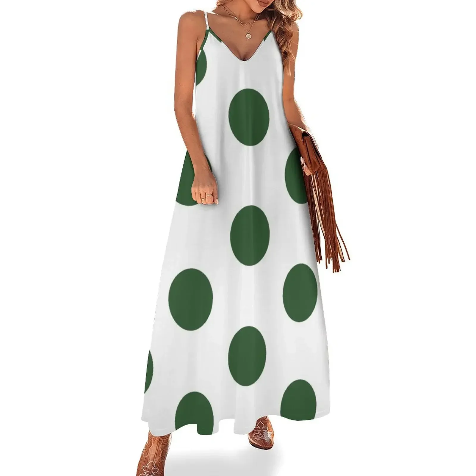 

Large PINE GREEN and WHITE POLKA DOTS Sleeveless Dress elegant women's dresses sale women long dresses Dress