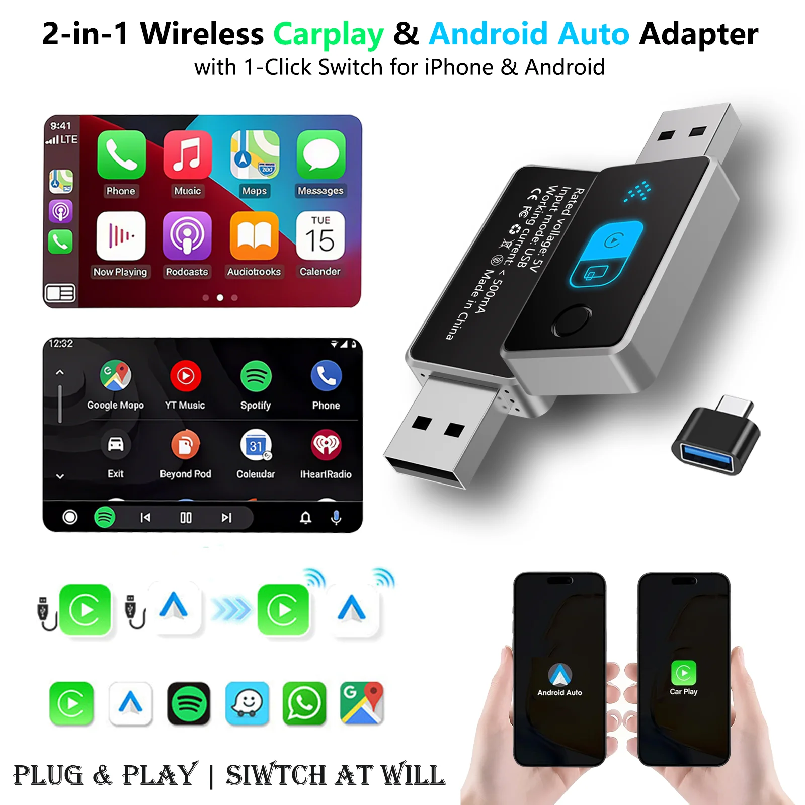 

Беспроводной адаптер 2 в 1 Android Auto и Carplay, адаптер Plug & Play Car Play с переключателем 1 клик для iPhone и Android