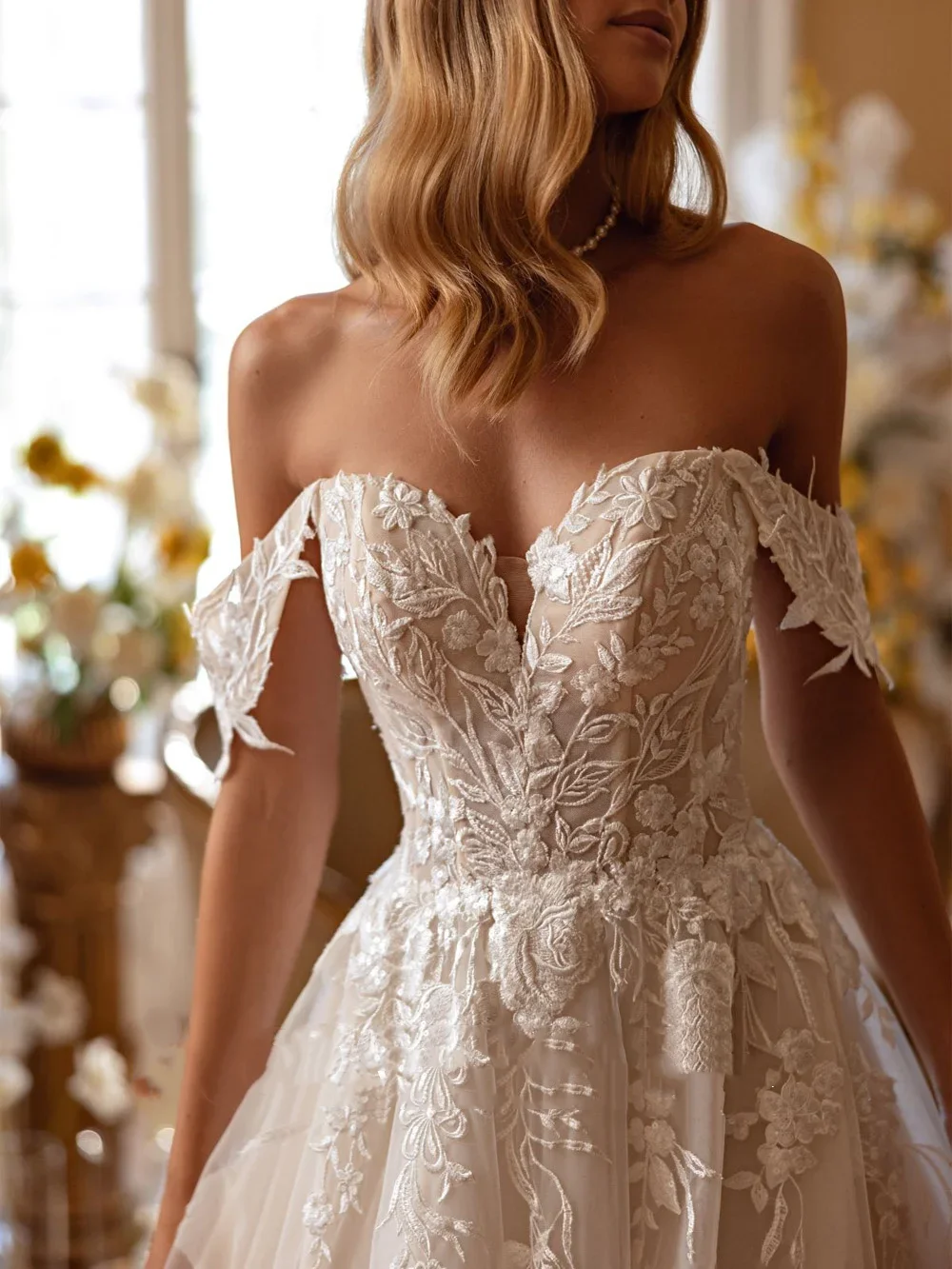 Elegant Sweetheart Romantic Wedding Dress Off Shoulder Sparkling Decal A-line Princess Wedding Dress Customization