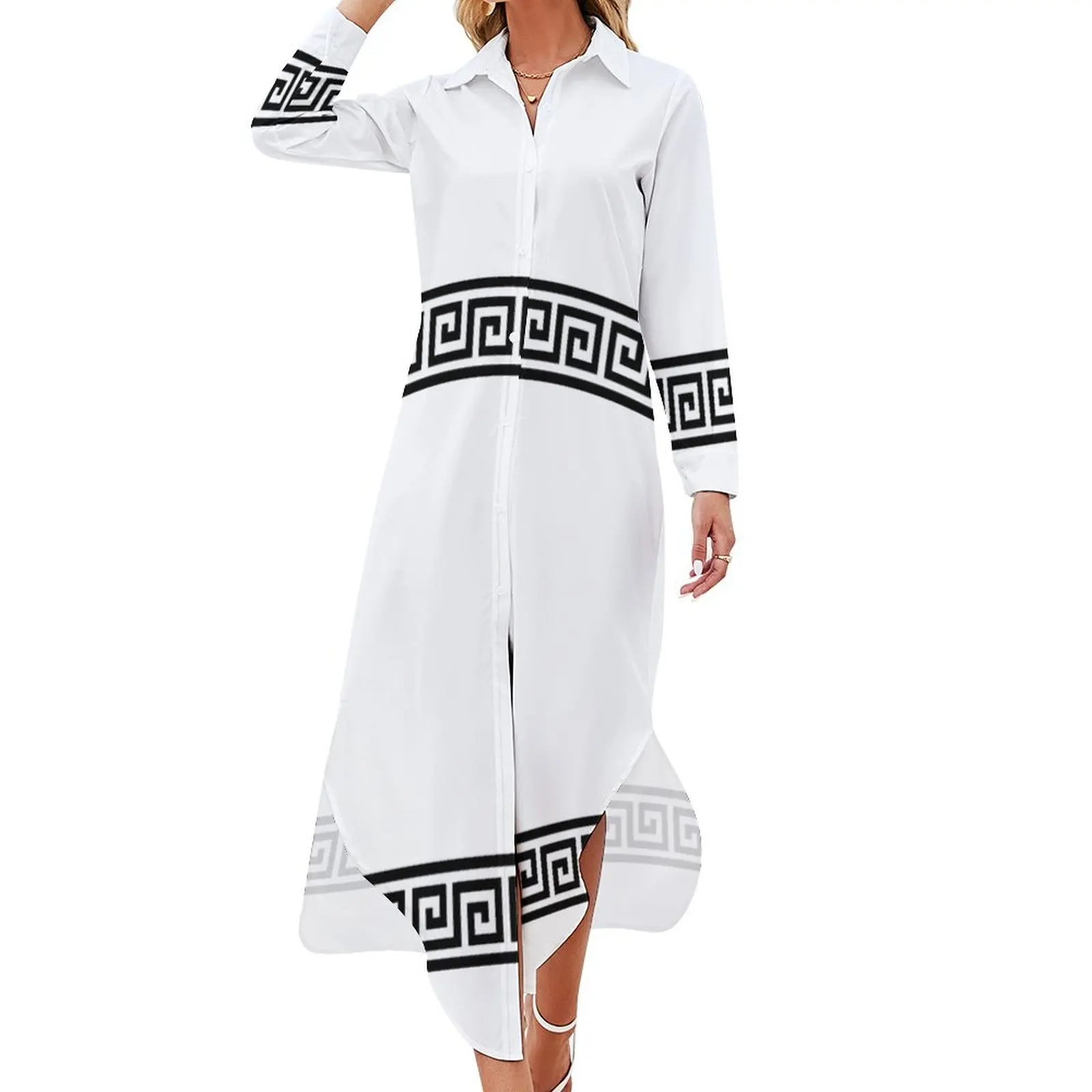 Greek geometric pattern Long Sleeved Shirt Dress sexy dress for women Women's summer long dress Woman clothes