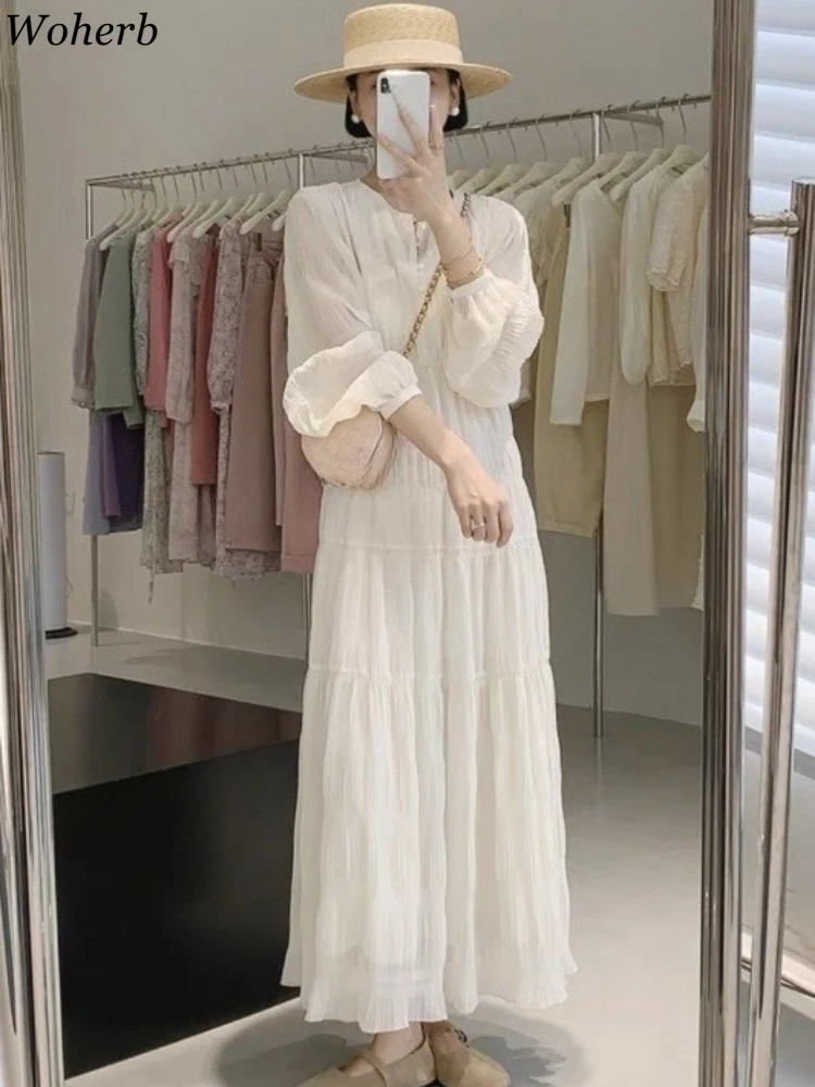 

Spring Woman Solid Loose Dress Bohemian Lantern Sleeve Pleated Robe Femme 2025 Vestidos De Mujer Tunic Temperament Maxi Dresses