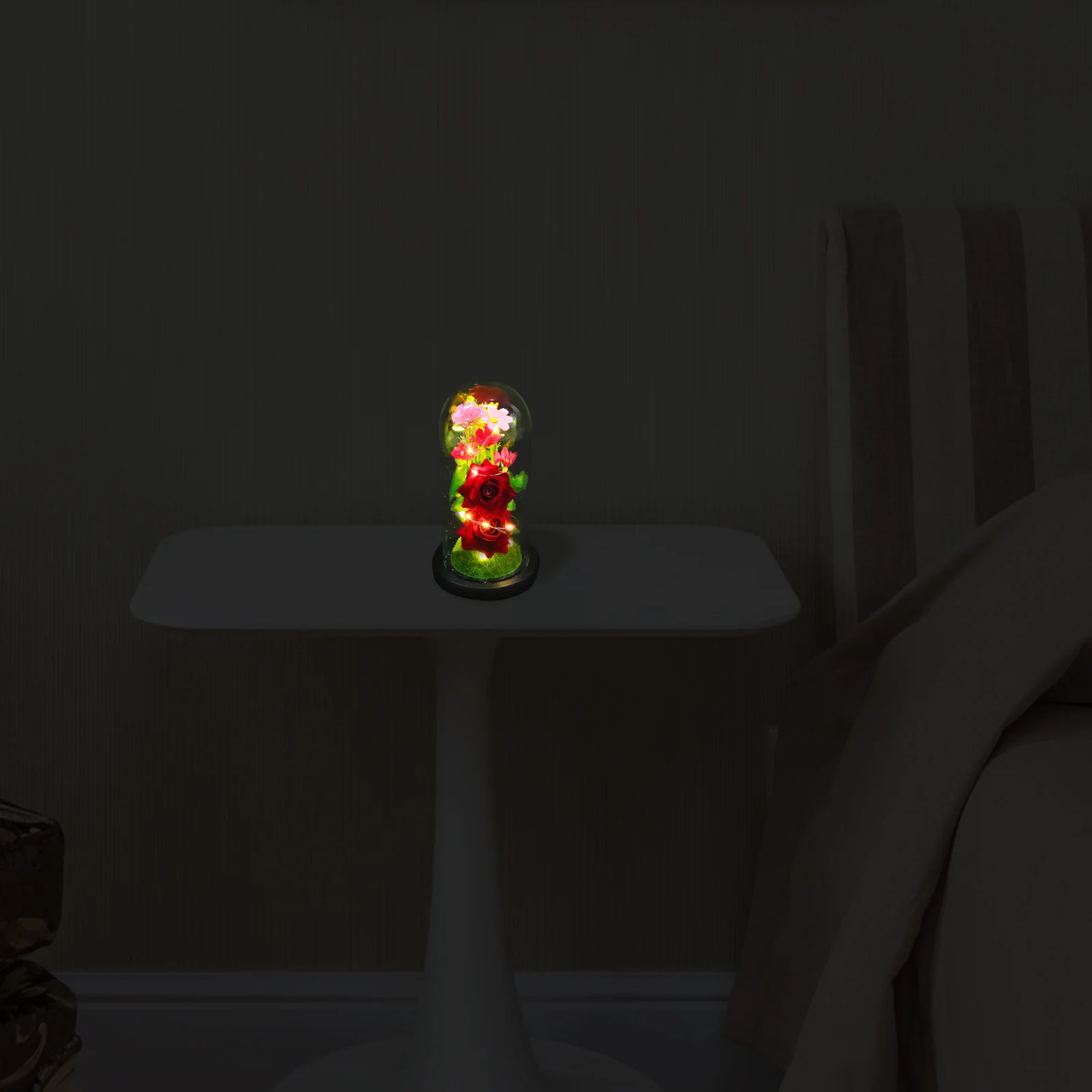 

1Pcs LED Night Light Simulation Flower Decor with Wooden Base Glow Illuminated Glass Dome for Festival Home Room Romantic