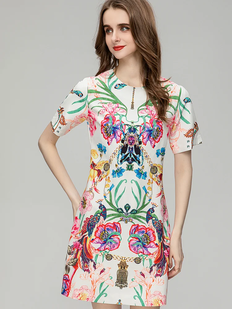 

2023 Fashion Designer Summer Runway Vintage Colorful Print For Women's O-Neck Short Sleeve Casual Holiday Mini Dress