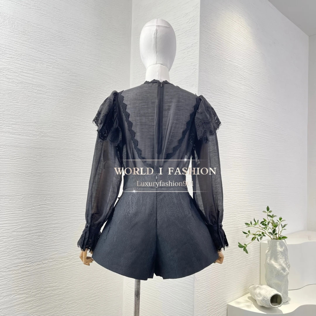 2025 Conjunto de blusa e shorts de retalhos de renda preta de alta qualidade