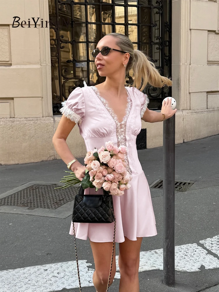 

Beiyingni Pink Puff Sleeve Short Dresses Women Lace Patchwork Sexy V-neck Dress for Woman Summer Satin Elegant Party Dress 2026
