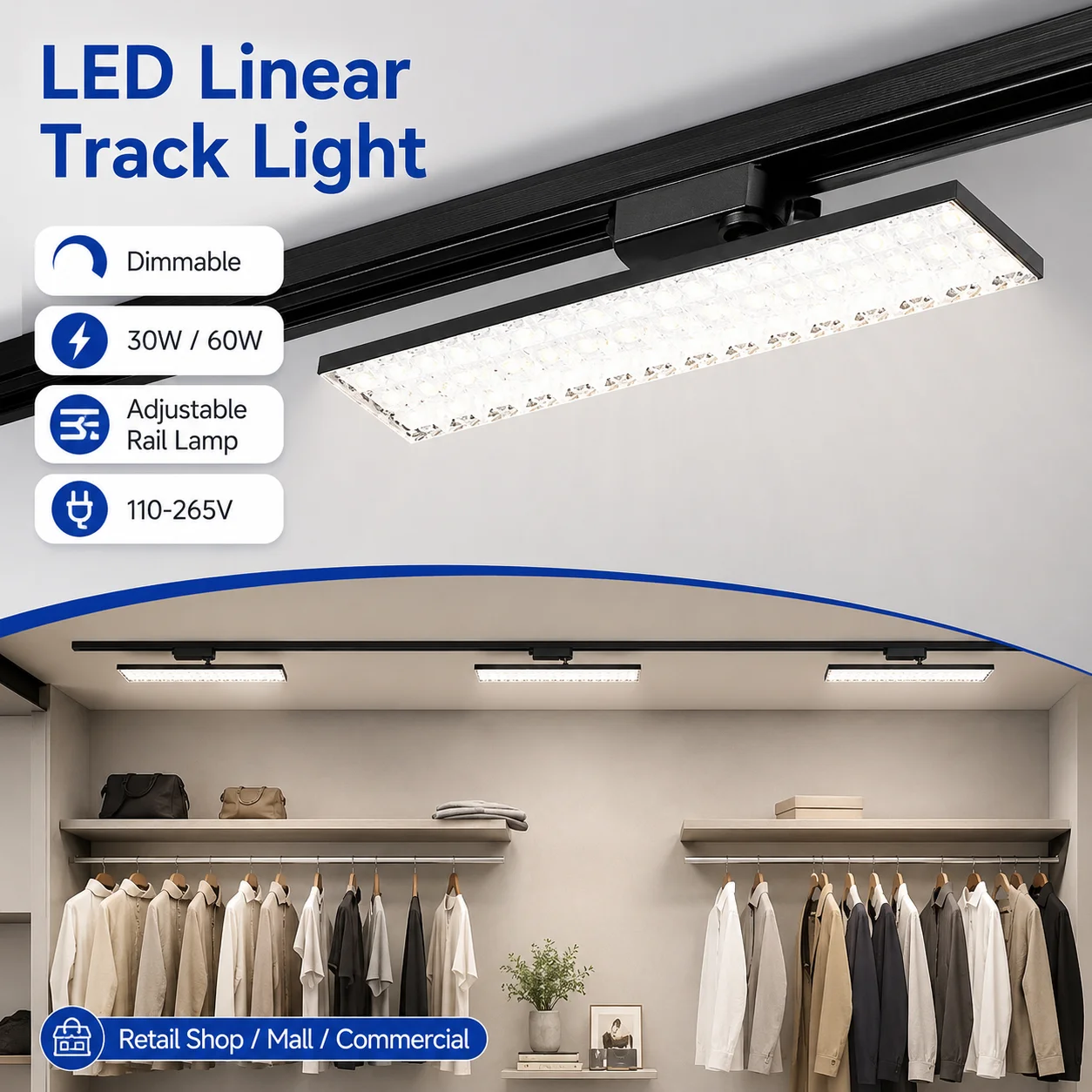 Commercial LED Track Lighting 30W60W Flicker Rotatable Rail Lamp for Store Showroom Office 110-265V Linear Track Light Free Rail